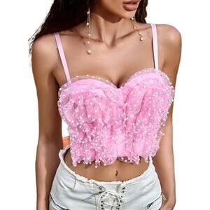 Women's Sexy Pink Pearl Ruffle Bustier Crop Top Push Up Corset Bra Small Club